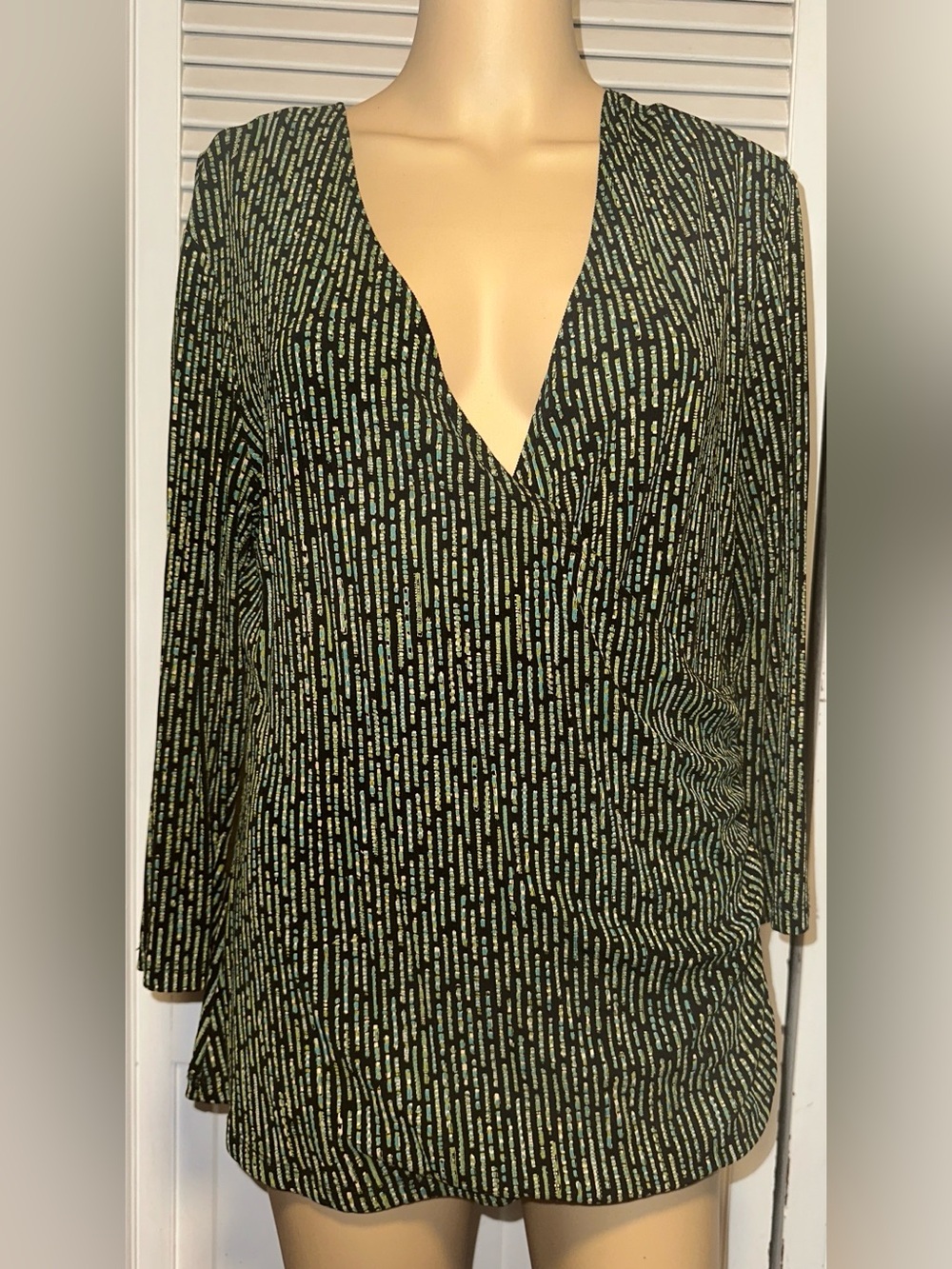 Marisol Slinky Faux- Wrap Blouse Black Green L/XL